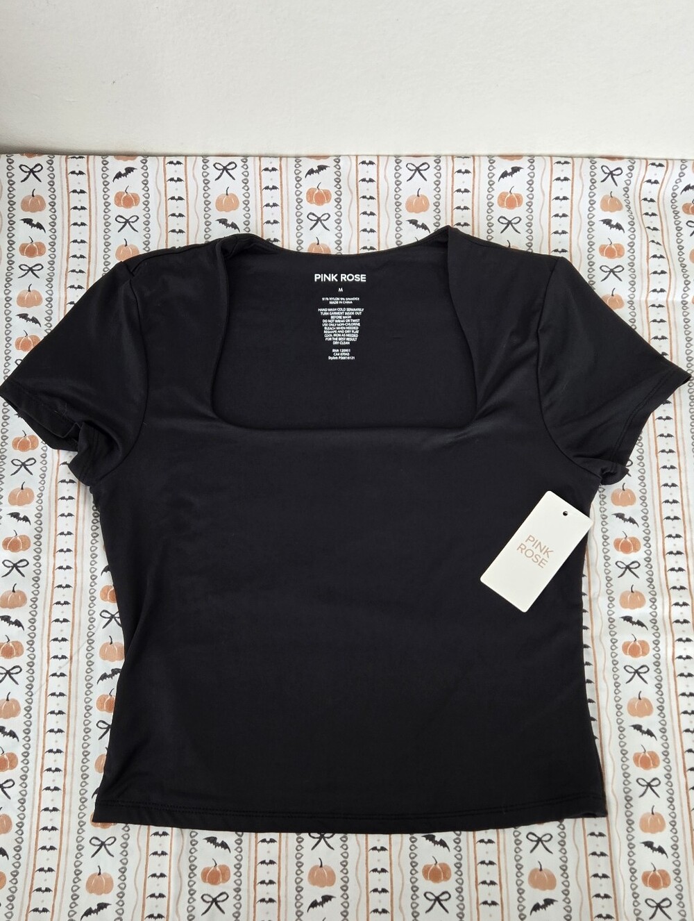 Pink Rose Black Square Neck Short Sleeve Tee